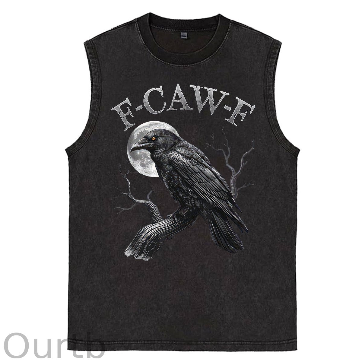 F-Caw-F Crow Print Washed Cotton Sleeveless Tank Tops