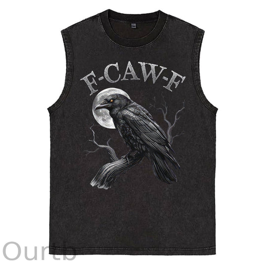 F-Caw-F Crow Print Washed Cotton Sleeveless Tank Tops