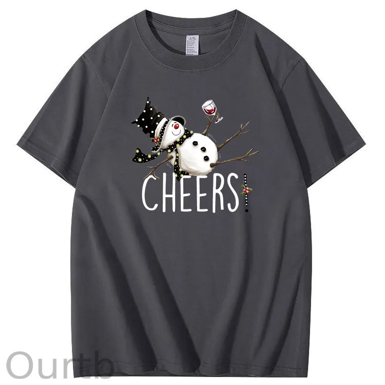 Christmas Cheers Snowman Pattern 100% Cotton Crew Neck T-Shirt