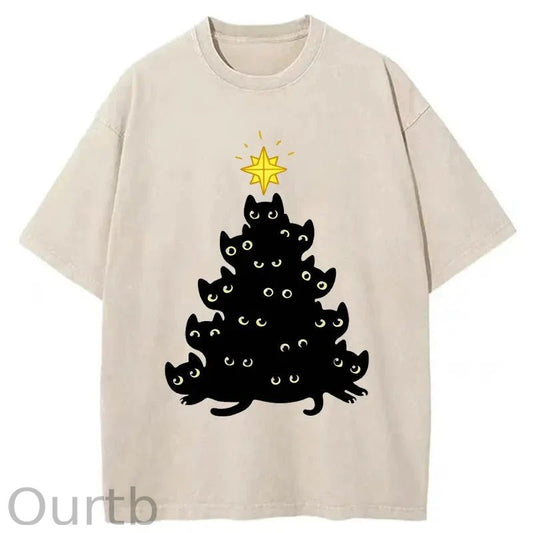 Black Cat Christmas Tree Washed T-Shirt
