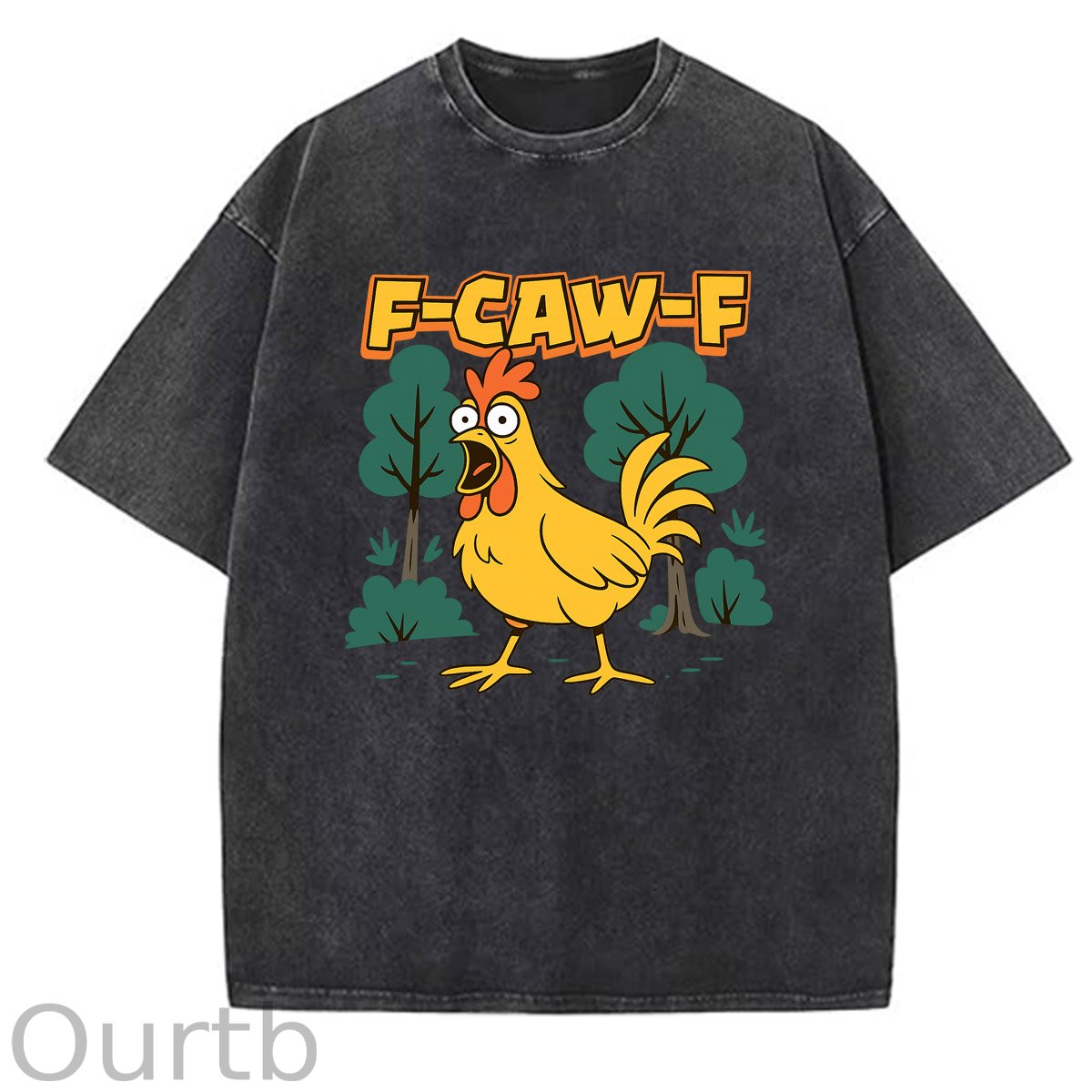 F-Caw-F Crazy Shocked Chicken Pattern  Washed Distressed Crew Neck 100% Cototon T-Shirt