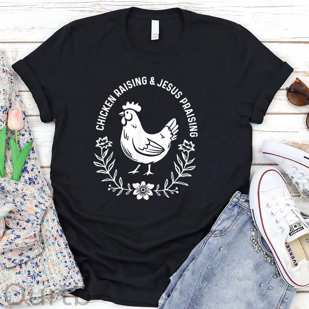 Chicken Raising&Jesus Parising Pattern Round-Neck T-Shirt