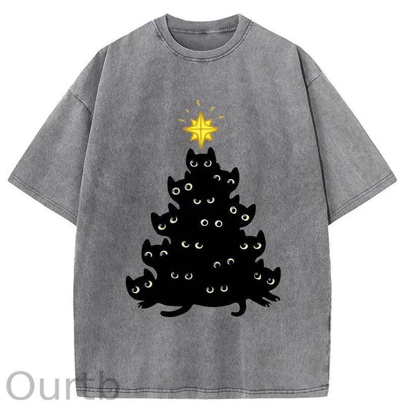 Black Cat Christmas Tree Washed T-Shirt