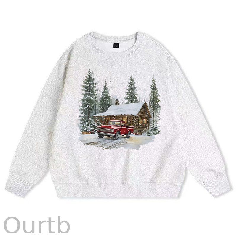 Retro Christmas Red Pickup Truck Winter 100% Cotton Fleece Sweatshirt