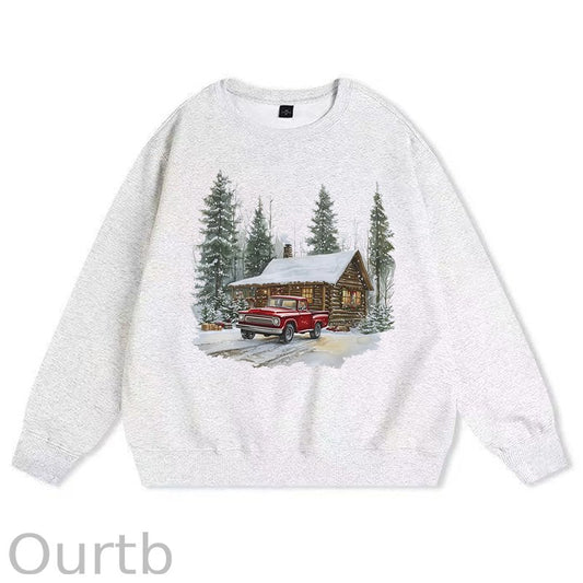 Retro Christmas Red Pickup Truck Winter 100% Cotton Fleece Sweatshirt