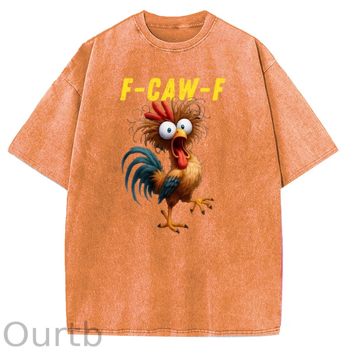 F-Caw-F Crazy Chicken Pattern  Washed Distressed Crew Neck 100% Cototon T-Shirt