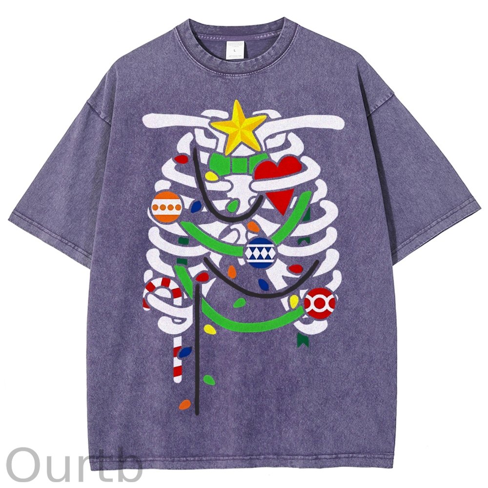 Unisex Christmas Skull Printed Washed Tee