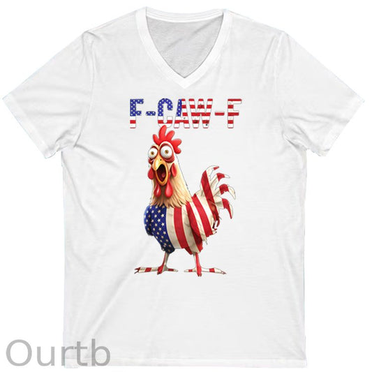 F-Caw-F Shocked American Chicken Pattern Print 100%Cotton V Neck T-Shirt
