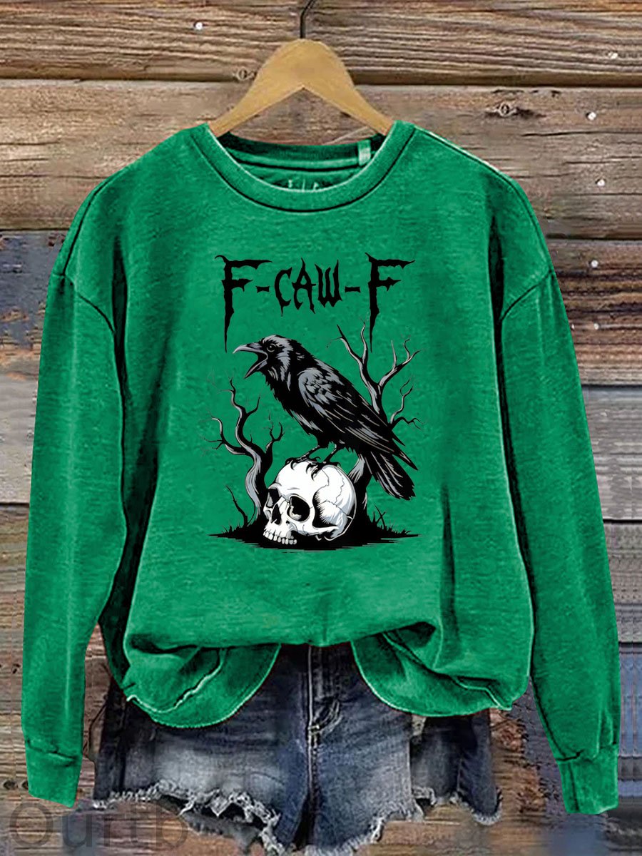 Women's Halloween Crow Stepping On A Skull F-Caw -F Pattern Print Casual Sweatshirt