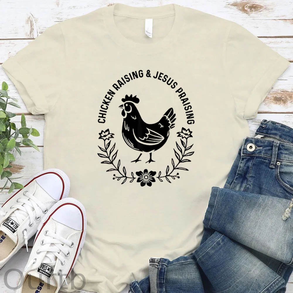 Chicken Raising&Jesus Parising Pattern Round-Neck T-Shirt