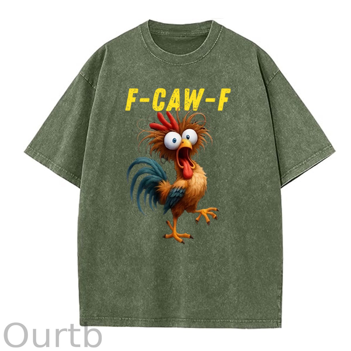 F-Caw-F Crazy Chicken Pattern  Washed Distressed Crew Neck 100% Cototon T-Shirt
