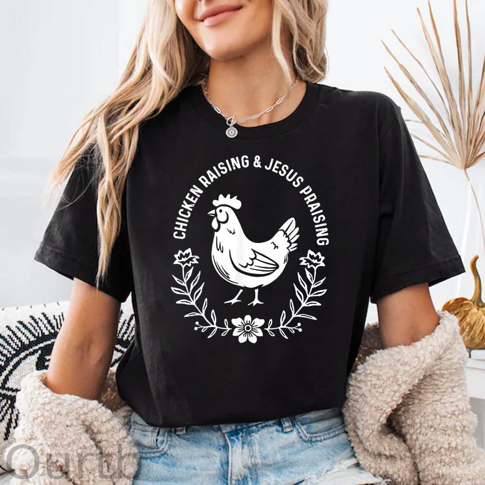 Chicken Raising&Jesus Parising Pattern Round-Neck T-Shirt