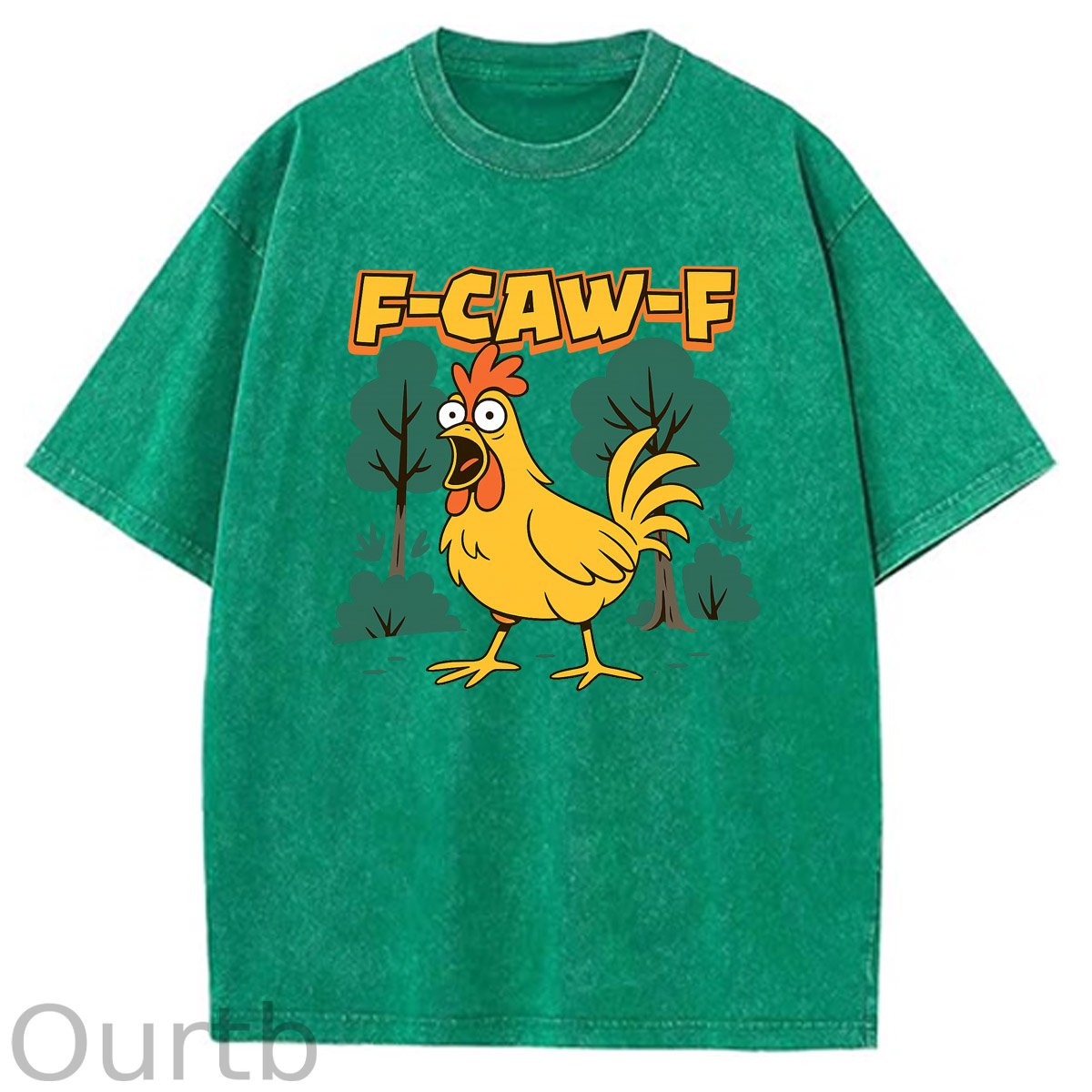 F-Caw-F Crazy Shocked Chicken Pattern  Washed Distressed Crew Neck 100% Cototon T-Shirt
