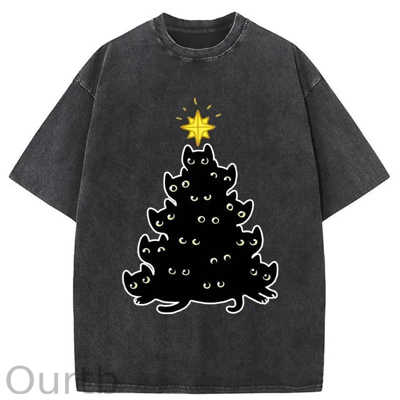 Black Cat Christmas Tree Washed T-Shirt