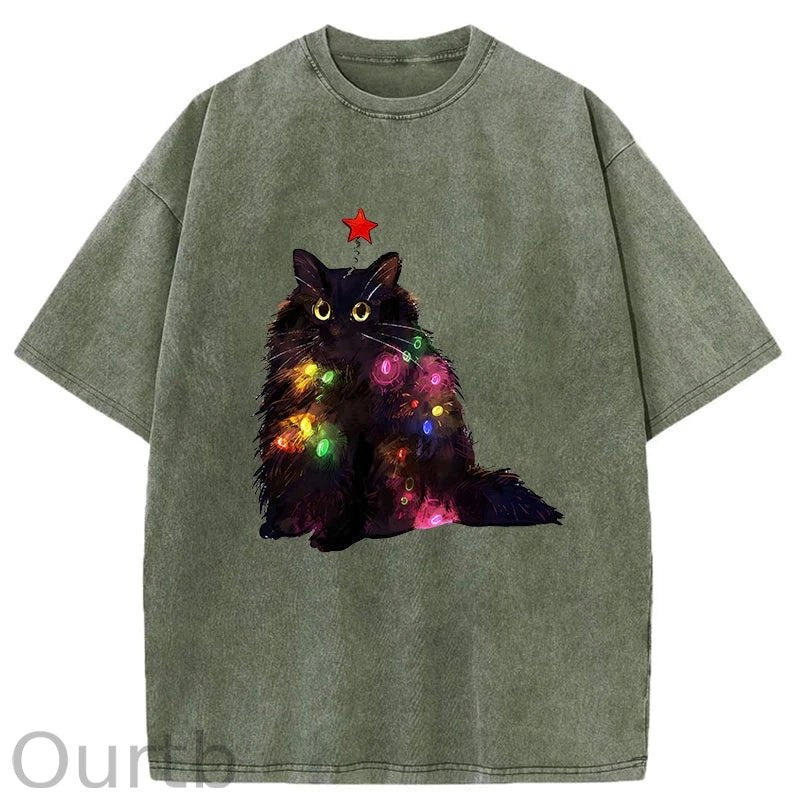 Christmas Lights Cat Washed T-Shirt