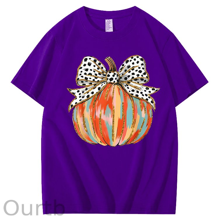 Coquette Bow Pumpkin Season Autumn Fall Leaves Thanksgiving 100% Cotton T-Shirt