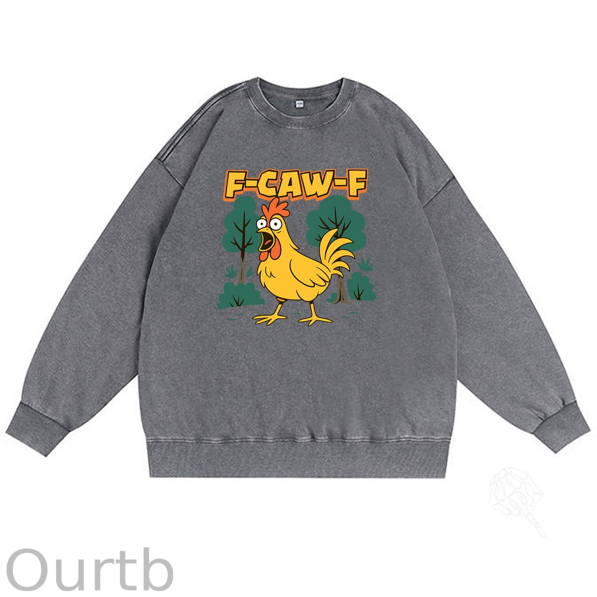 F-Caw-F Crazy Shocked Chicken Pattern  Vintage 100% 325g Cotton Washed Long Sleeve Sweatshirt