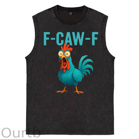 Funny Rooster Chicken F-Caw-F Chicken Print Washed Cotton Sleeveless Tank Tops