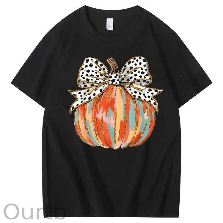 Coquette Bow Pumpkin Season Autumn Fall Leaves Thanksgiving 100% Cotton T-Shirt