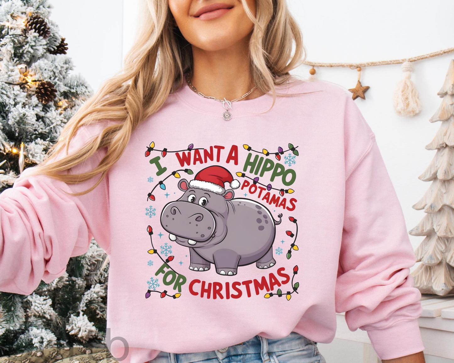 Christmas Hippo   Pattern 100% 300g CottonCrew Neck Sweatshirt